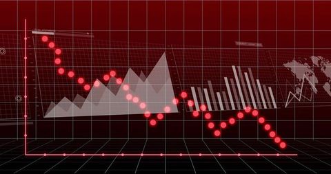 Displaying neon red downtrend on 3D analytics dashboard with glowing data points and grid