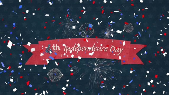 Vibrant banner featuring Fourth of July celebration with falling confetti and dynamic fireworks. Ideal for promoting patriotic events, holiday sales, or American-themed events. The festive design captures the spirit of USA independence with bold colors and celebratory elements.