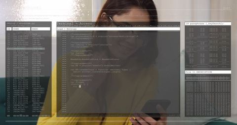 Smiling woman using smartphone on teal sofa with terminal overlay and encryption interface