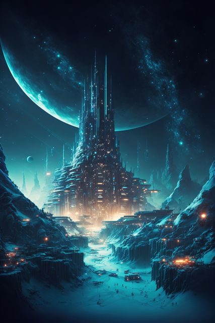 The image depicts a stunningly futuristic city illuminated under a clear, moonlit night sky with planets in the background. The city is nestled within snow-covered terrain, giving it an otherworldly and sci-fi atmosphere. This image could be used for backgrounds for sci-fi movies, book covers, technology concepts, and fantasy world illustrations.
