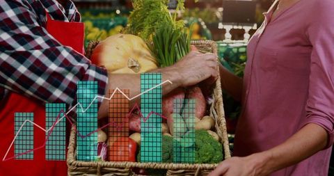 Vendor passing basket of fresh vegetables to shopper with market sales charts overlay