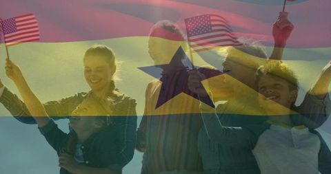 Multigenerational family waving american flags with ghana flag overlay celebrating togetherness