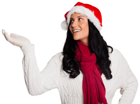 Smiling Woman with Santa Hat Looking Off Frame Transparent Background