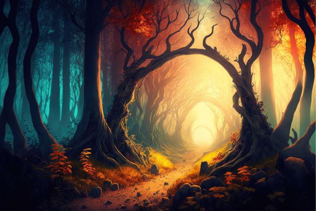 This image shows a captivating forest path bathed in sunlight, with intricately twisted trees forming impressively arched shapes. The ground is dotted with autumn-colored foliage, adding to the enchanting and mystical ambiance of the scene. Suitable for use in fantasy novels, adventure games, or fairytale-themed projects, conveying a magical and serene environment.