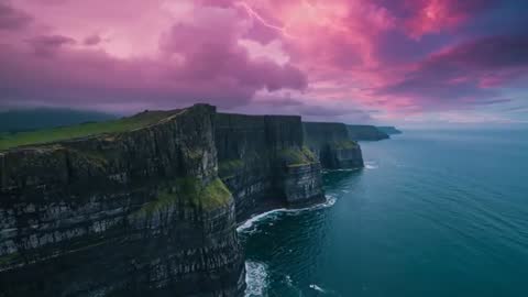Drone Soaring Over Majestic Cliffs with Stormy Sky and Thunder