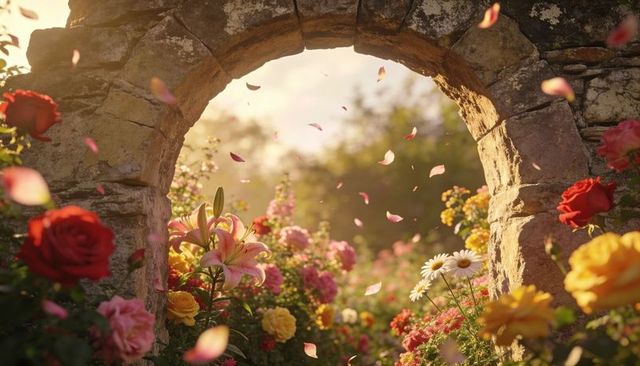 Sunlit stone arch revealing blooming flower garden with drifting petals at golden hour