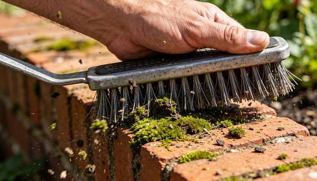 Hand scrubbing moss from red brick wall with metal wire brush for masonry cleaning