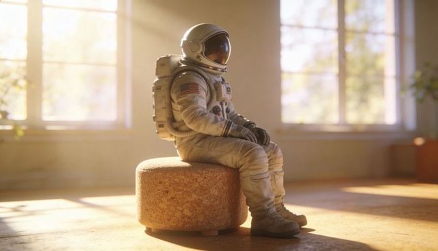 Astronaut in spacesuit sitting on cork ottoman gazing through sunlit windows, life-support