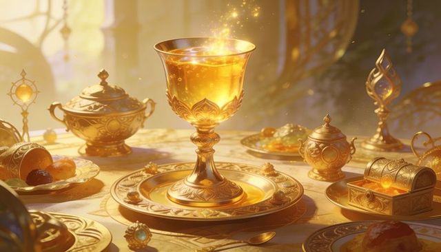 Glowing golden goblet emitting sparkling light on ornate gilded banquet table
