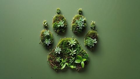 Moss and succulent paw print on green backdrop