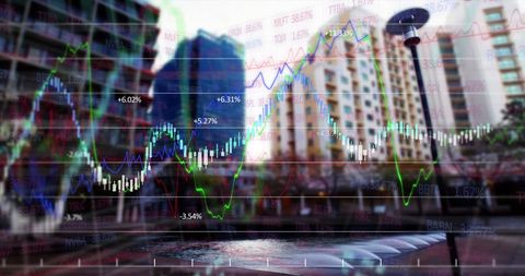 dynamic representation of financial data and investment trends overlaying modern city buildings. illustrates global business and housing market activities. ideal for articles or presentations on economy, real estate investments, or finance sector analysis.