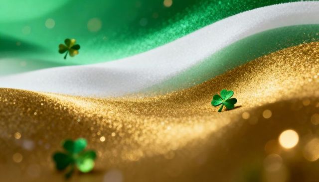 Shamrock resting on gold glitter waves with green white bands, sparkling bokeh, st patricks