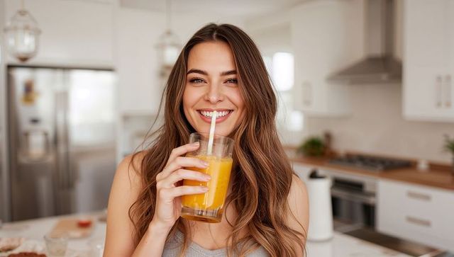 Smiling young woman drinking fresh orange juice in contemporary home kitchen morning
