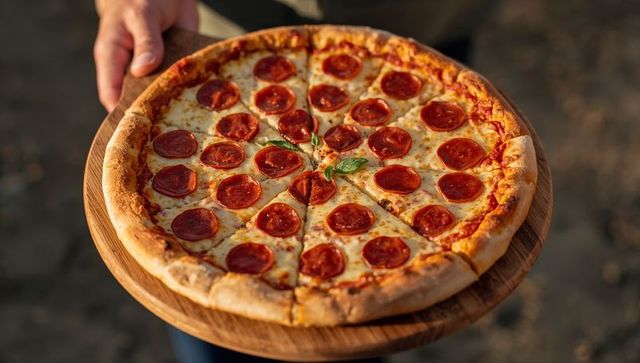 Holding pepperoni pizza on wooden board outdoors with basil garnish and golden crust