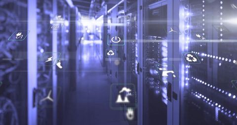 Eco Icons Overlay on Digital Server Room - Download Free Stock Images Pikwizard.com