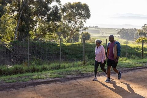Active Senior Couple Walking through Scenic Countryside