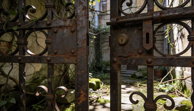 Rusted Ornate Iron Gate Opening to Sunlit Overgrown Courtyard with Vines and Mossy Stones