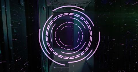 Holographic hud overlay floating over data center aisle with neon circular interface