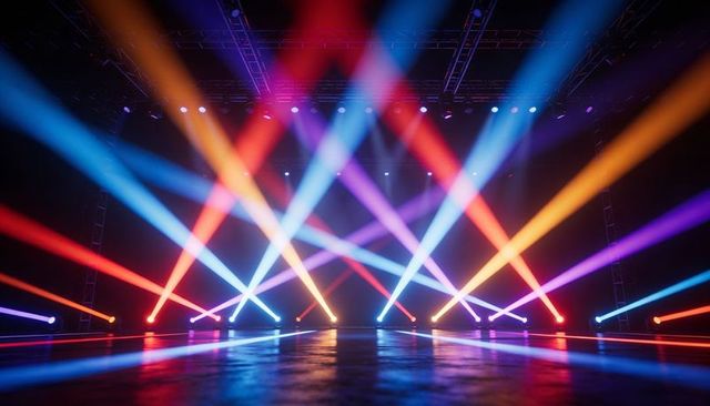 Casting vibrant multicolor stage lights crossing over reflective floor for concert shows