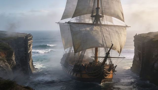 Tall ship sailing through narrow rocky channel between misty cliffs at golden light