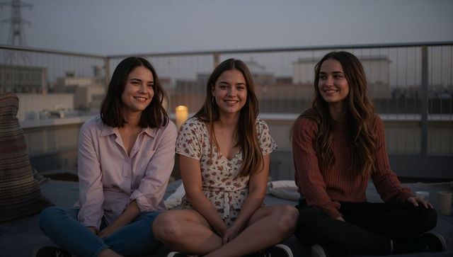Three friends relaxing on rooftop at dusk with lantern light, cushions, urban vibe