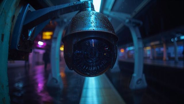 Security camera on rain-soaked platform with neon lights