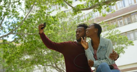 Happy Couple Taking Selfie Outdoors in Urban Park - Download Free Stock Images Pikwizard.com