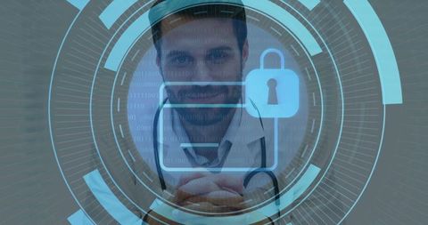 Doctor Using Secure Digital Interface with Lock Icon in Healthcare Setting