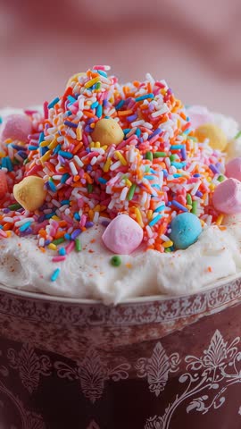 Vertical video opening shot featuring mug of hot cocoa topped with whipped cream, marshmallows, spri