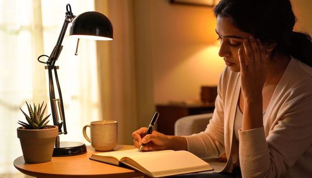 Writing woman at cozy study corner under black lamp, journaling in warm home office space
