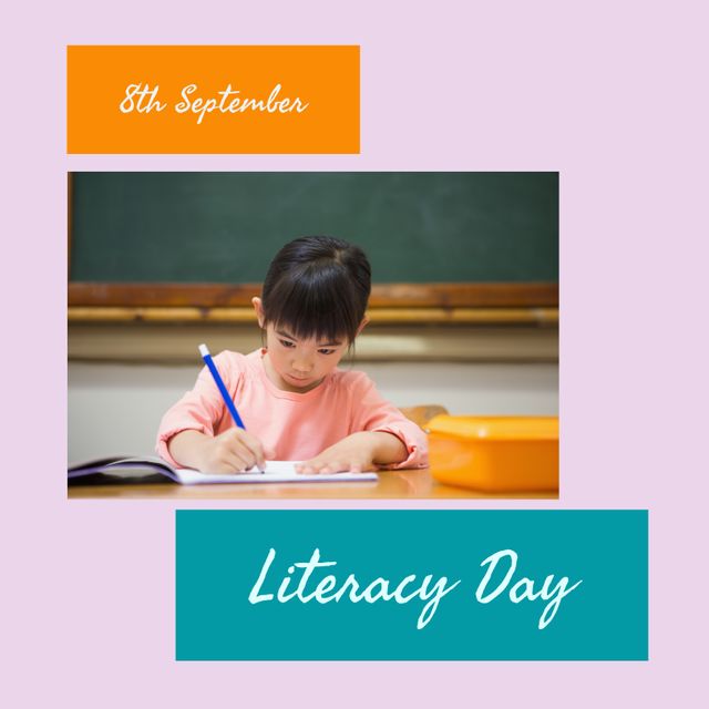 Image showing an Asian American girl writing in a book in a classroom can be used for educational articles, school websites, or Literacy Day promotions. Ideal for illustrating topics on childhood education, literacy development, and student activities.
