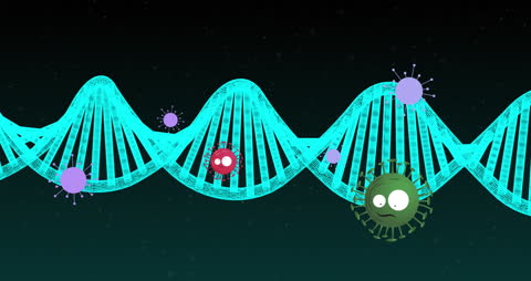 Animated Virus Cells Surrounding Glowing DNA Strands in Digital Concept