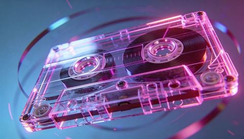 Floating clear cassette tape glowing neon pink and purple vaporwave with magnetic ribbon