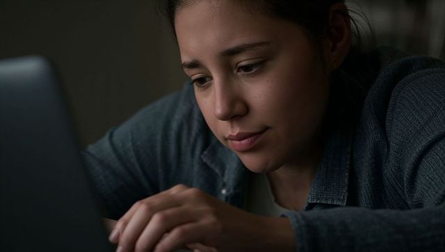 Young woman concentrating on laptop late-night studying and remote work in dim room