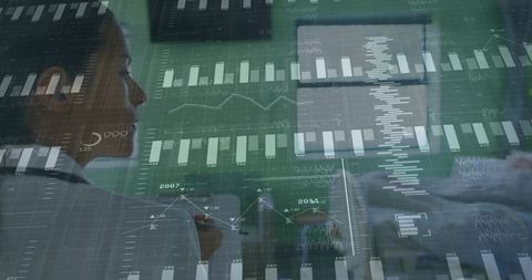 Female doctor studying clinical analytics dashboard with futuristic data overlays