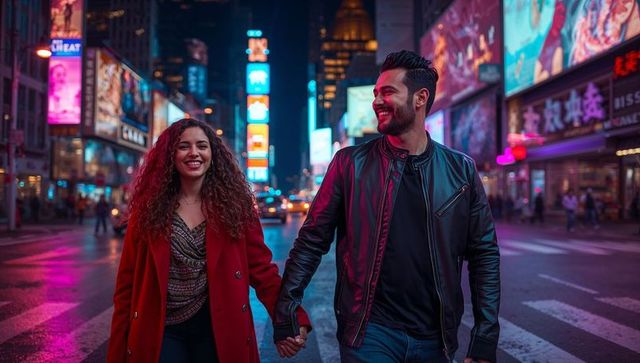 Couple walking hand in hand through neon-lit city night with reflections and billboards