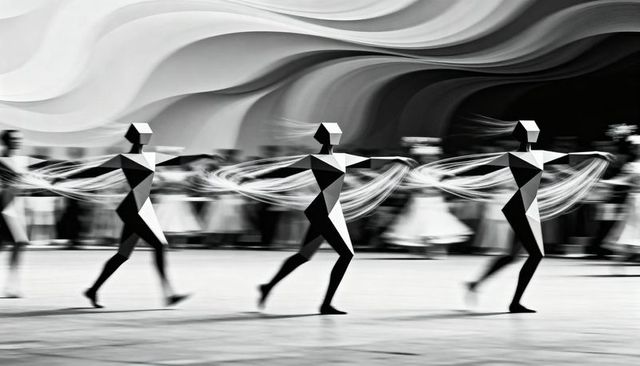 Monochrome geometric dancers with flowing ribbons performing futuristic polygon choreography
