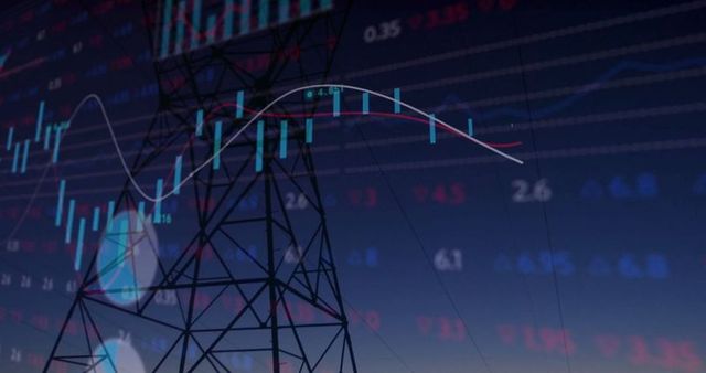 Silhouette of transmission tower against financial data overlay