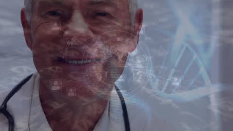 Smiling Doctor Overlayed with Globe and Data Elements