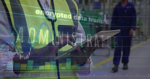 Warehouse Logistics Technician Analyzing Data on Tablet