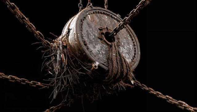 Rusty marine winch with coiled rope and frayed seaweed suspended by heavy chains