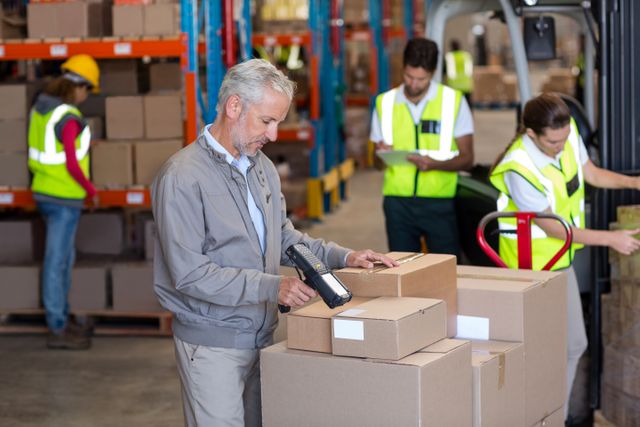 Warehouse manager scanning boxes with barcode scanner while workers organize inventory in background. Ideal for illustrating logistics, supply chain management, warehouse operations, and industrial work environments. Useful for articles, presentations, and marketing materials related to warehousing and distribution.