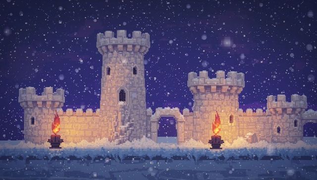 Pixel art frozen castle at night with braziers, torches and turrets for game background