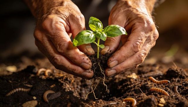 Weathered hands planting green seedling in rich compost soil with earthworms, close-up