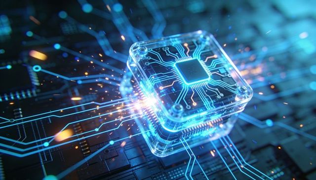 Glowing transparent microchip revealing die and neon circuit traces on dark pcb