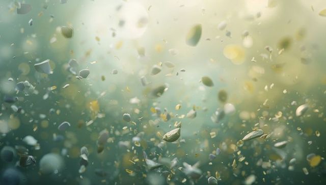 Sunlit drifting of seeds, seed pods, petals and pollen over meadow with soft bokeh glow