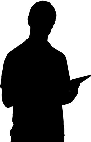 Transparent silhouette of man holding clipboard isolated