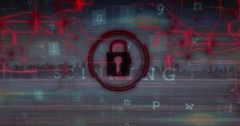 Glitch padlock over digital skyline with red circuit traces for cybersecurity concept