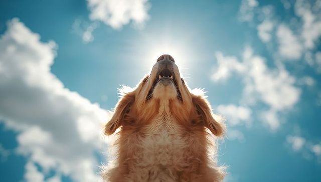 Golden retriever lifting head toward sun with backlit fur and blue sky
