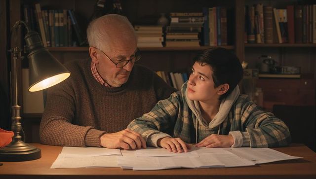 Grandfather teaching teenage grandson homework at desk with warm lamp and bookshelves